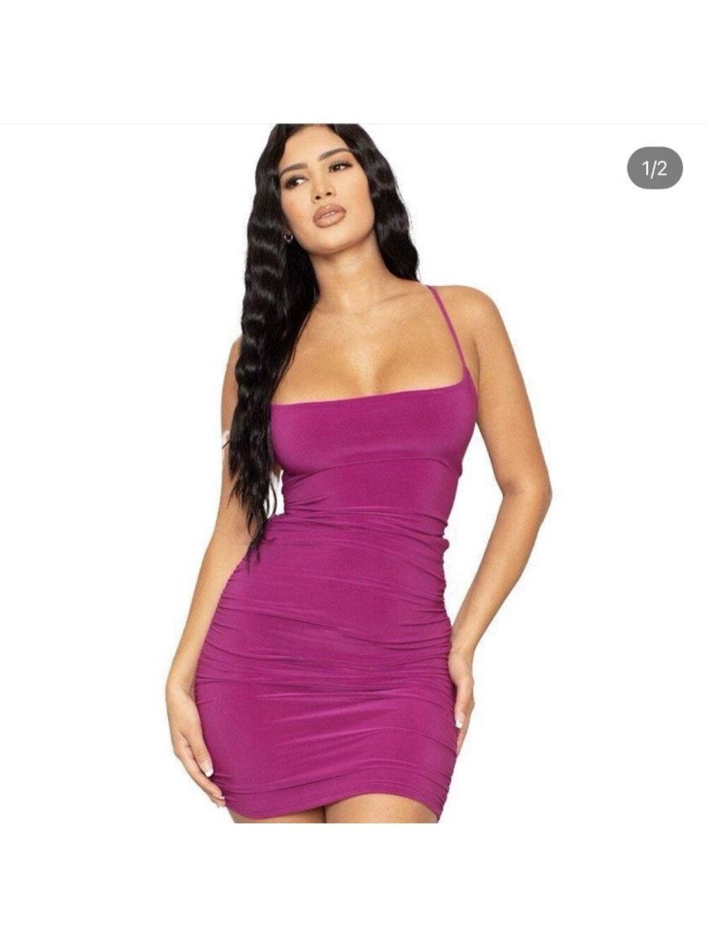 Women’s Magenta Pink Ruched Bodycon Mini Dress Medium Lace Up Open Back USA 0497